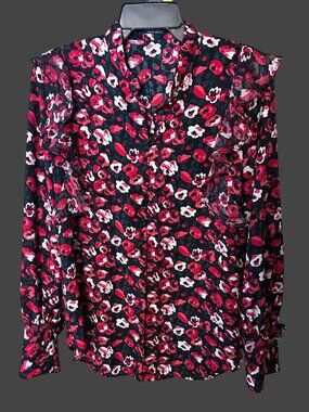 Lauren Ralph Lauren Black Floral Blouse Sheer Ruffles Gold LRL Buttons Sz S